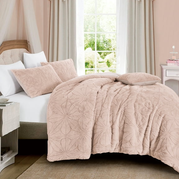 HIG 4-Piece Pink Faux Fur Comforter Set – Soft Cozy Carved Texture, All-Season Bedding, Includes Comforter, 2 Shams & 1 Decorative Pillow, Queen