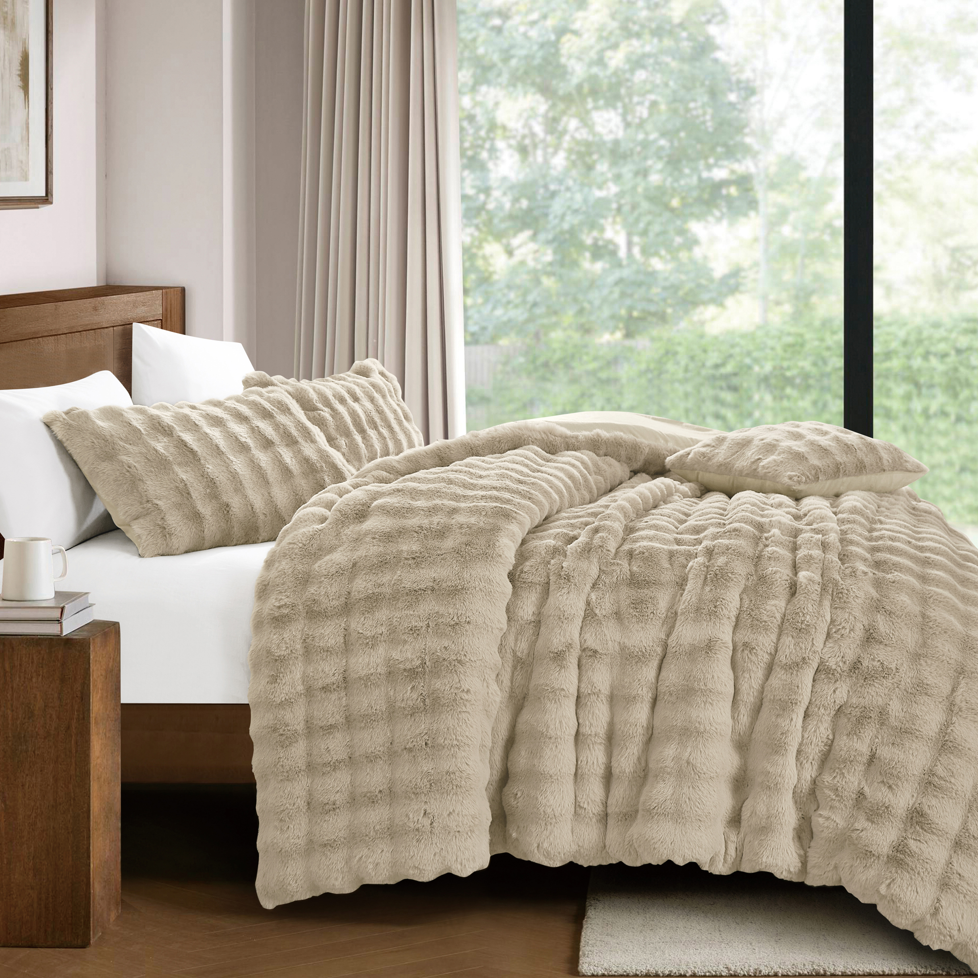 HIG 4-Piece Taupe Faux Fur Comforter Set – Soft Cozy Bubble Texture, All-Season Bedding, Includes Comforter, 2 Shams & 1 Decorative Pillow, King