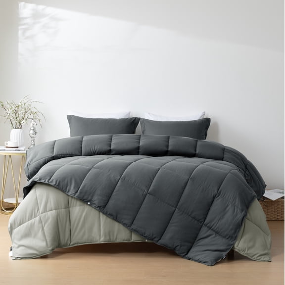 HIG 4Pieces Reversible Connectable Comforter Bedding Set, Dark Gray & Light Gray, Includes 2 Comforters & 2 Pillow Shams, Button Connectors to Combine Blankets, Twin-XL Size