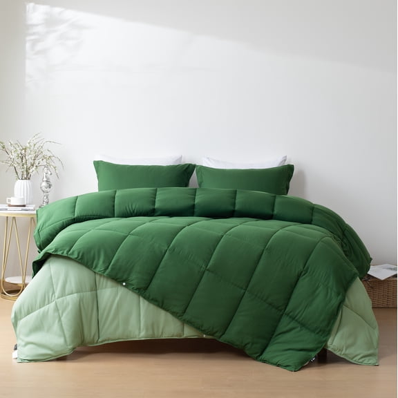 HIG 4Pieces Reversible Connectable Comforter Bedding Set, Dark Green & Light Green, Includes 2 Comforters & 2 Pillow Shams, Button Connectors to Combine Blankets, Twin-XL Size