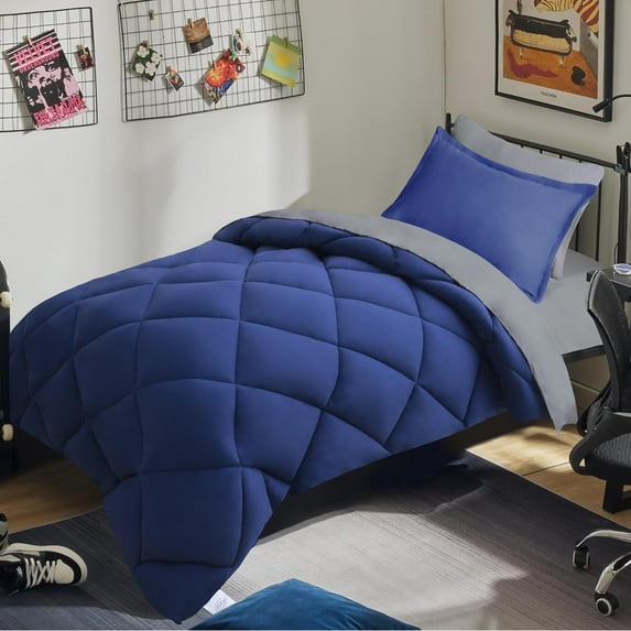 HIG 5 Piece Reversible Twin-XL Comforter Set - Navy Quilted Down Alternative Bedding All Season Super Soft Microfiber Bed in a Bag Includes Sheets Pillowcases Shams