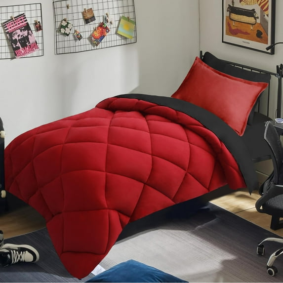 HIG 5 Piece Reversible Twin-XL Comforter Set - Red Quilted Down Alternative Bedding All Season Super Soft Microfiber Bed in a Bag Includes Sheets Pillowcases Shams