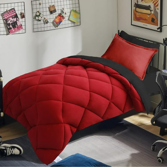HIG 5 Piece Reversible Twin-XL Comforter Set - Red Quilted Down Alternative Bedding All Season Super Soft Microfiber Bed in a Bag Includes Sheets Pillowcases Shams