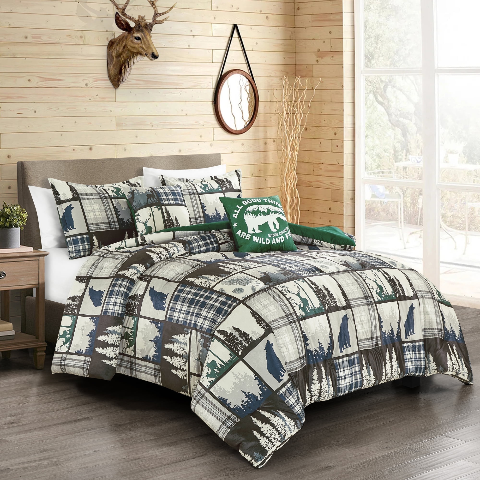 HIG 5-Piece Velvet Sherpa Comforter Set – Wild and Free Cabin Lodge Bedding, Soft & Cozy Comforter with Matching Shams and Decorative Cushions, Queen