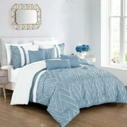 HIG 7 PCS Geometric clip Jacquard Comforter Set Color Block Patchwork Bed in A Bag, Blue, King