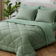 HIG 7 PCS Reversible Washed Microfiber Comforter set with Sheets, Diamond - Stitched King Bed in a Bag, Dusty Green