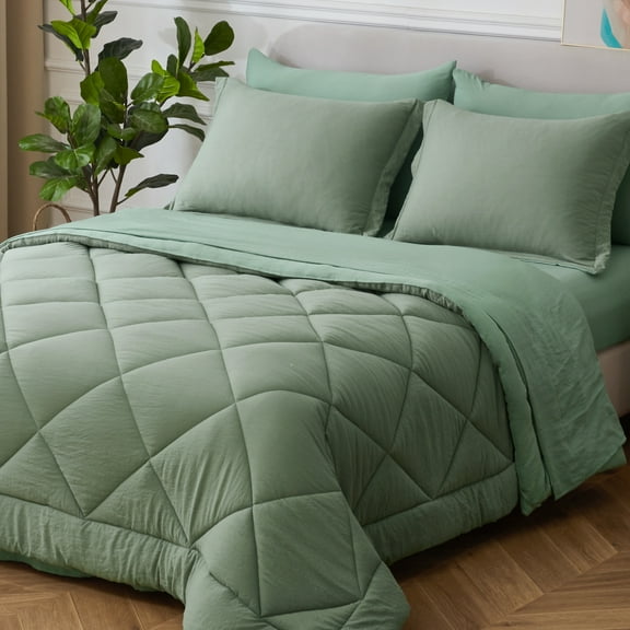 HIG 7 PCS Reversible Washed Microfiber Comforter set with Sheets, Diamond - Stitched King Bed in a Bag, Dusty Green