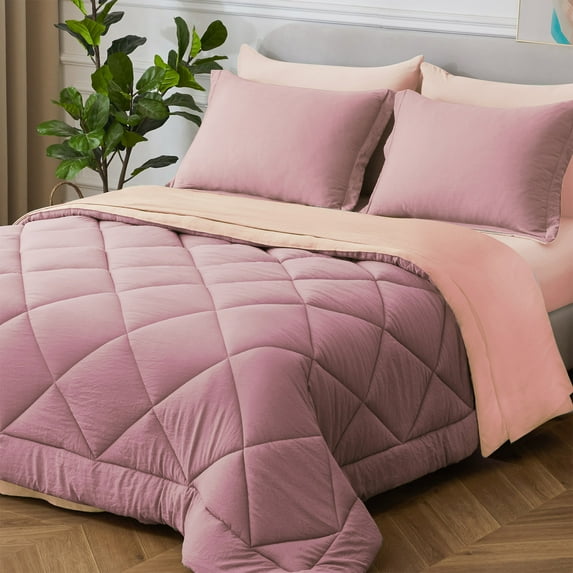 HIG 7 PCS Reversible Washed Microfiber Comforter set with Sheets, Diamond - Stitched King Bed in a Bag, Dusty Pink