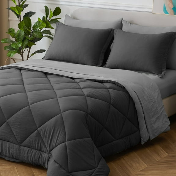 HIG 7 PCS Reversible Washed Microfiber Comforter set with Sheets, Diamond - Stitched Queen Bed in a Bag, Charcoal
