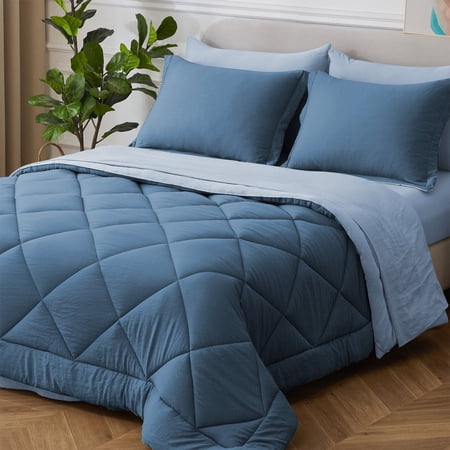 HIG 7 PCS Reversible Washed Microfiber Comforter set with Sheets, Diamond - Stitched Queen Bed in a Bag, Dusty Blue