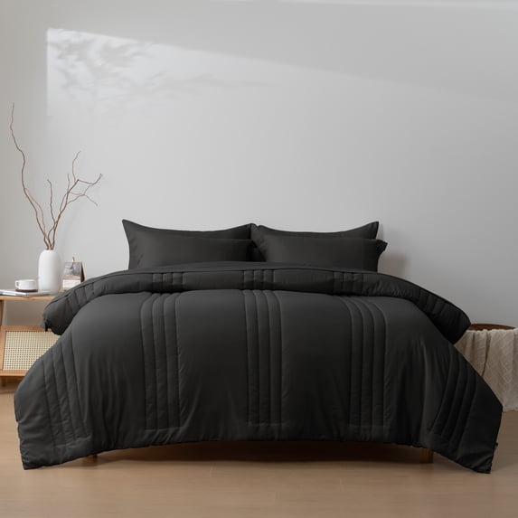 HIG 7‑Piece Bed in a Bag Comforter Set, Solid Light Black Vertical Channel Quilted, Soft Microfiber All‑Season Bedding with Sheets & Pillow Shams, Full Size