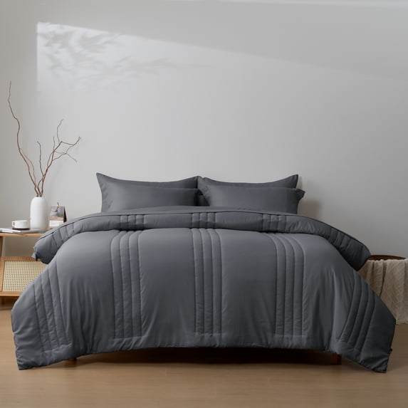 HIG 7‑Piece Bed in a Bag Comforter Set, Solid Light Dark Gray Vertical Channel Quilted, Soft Microfiber All‑Season Bedding with Sheets & Pillow Shams, King Size