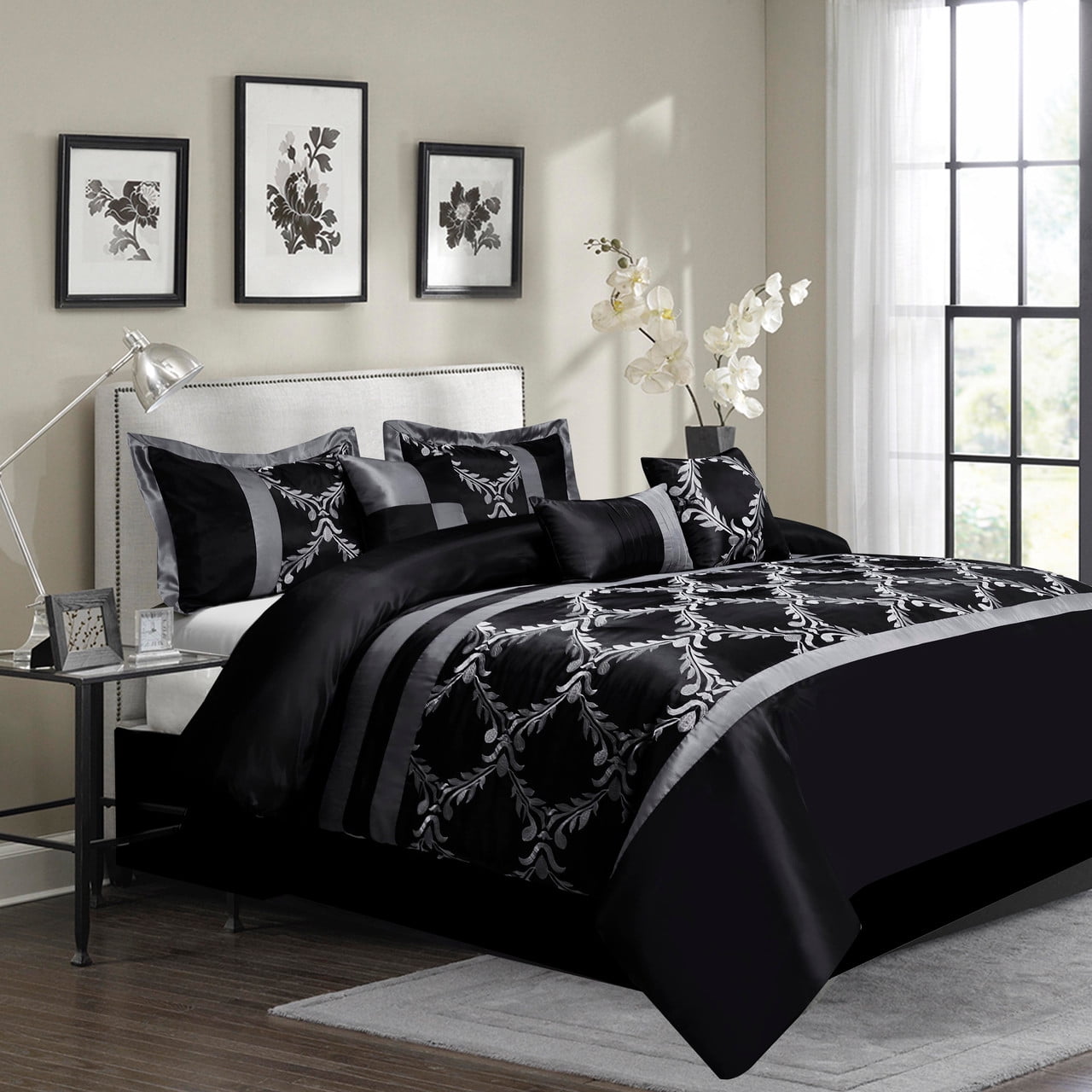 HIG 7 Piece Black & Silver and Gold Faux Silk Fabric Embroideried Bedding Set, Queen