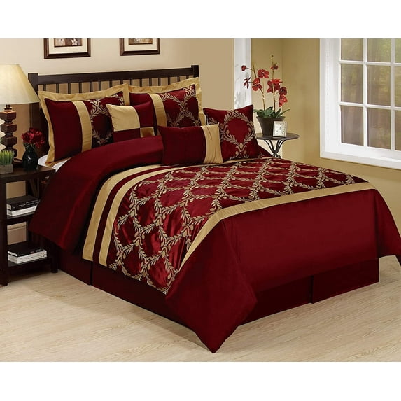 HIG 7 Piece Burgundy and Gold Faux Silk Fabric Embroideried Bedding Set, King