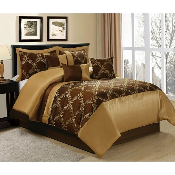 HIG 7 Piece Chocolate and Gold Faux Silk Fabric Embroideried Bedding Set, Queen