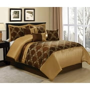 HIG 7 Piece Chocolate and Gold Taffeta Fabric Embroideried Bedding Set, King