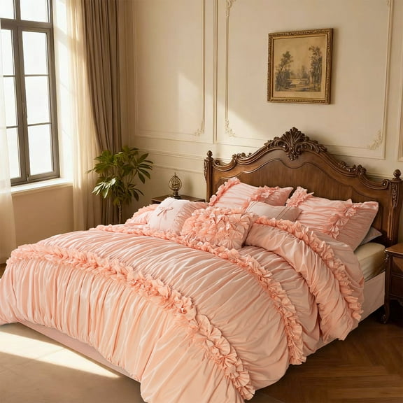 HIG 7 Piece Comforter Set Vintage Ruched Design Fluffy Down Alternative Filling Handmade Bow Ties Elegant Peach, King Size