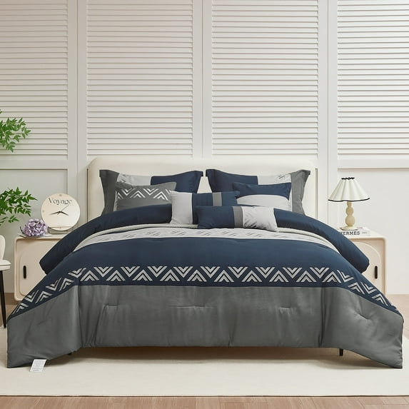 HIG 7 Piece Embroidery Design Bed-in-a-Bag, Navy King Size Ultra Soft Comforter Set for Adults