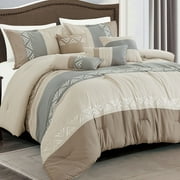 HIG 7 Piece Embroidery Design Bed-in-a-Bag, Taupe King Size Ultra Soft Comforter Set for Adults