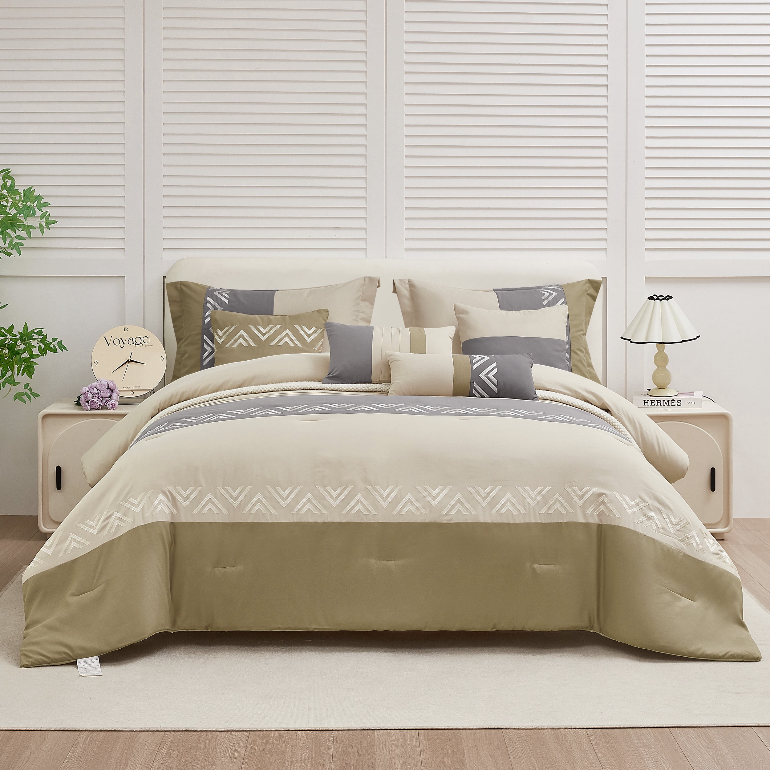HIG 7 Piece Embroidery Design Bed-in-a-Bag, Taupe Queen Size Ultra Soft Comforter Set for Adults