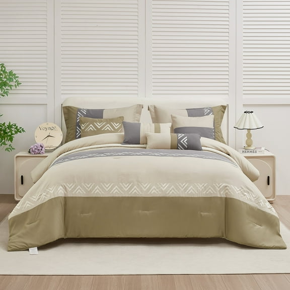HIG 7 Piece Embroidery Design Bed-in-a-Bag, Taupe Queen Size Ultra Soft Comforter Set for Adults