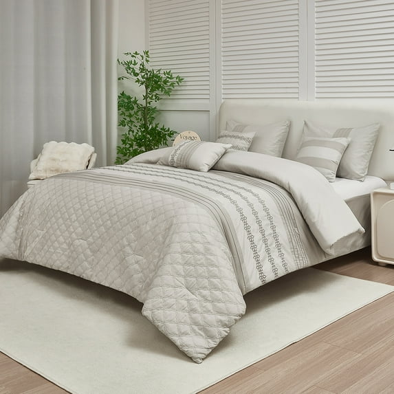 HIG 7 Piece Embroidery Gray Bed in a Bag, Modern and Stylish Comforter Set, King for Adults