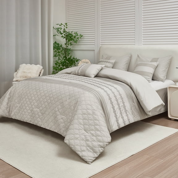 HIG 7 Piece Embroidery Gray Bed in a Bag, Modern and Stylish Comforter Set, King for Adults