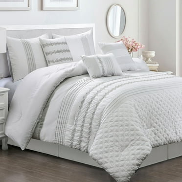HIG 7 Piece Embroidery White Bed in a Bag, Modern and Stylish Comforter Set, Queen for Adults