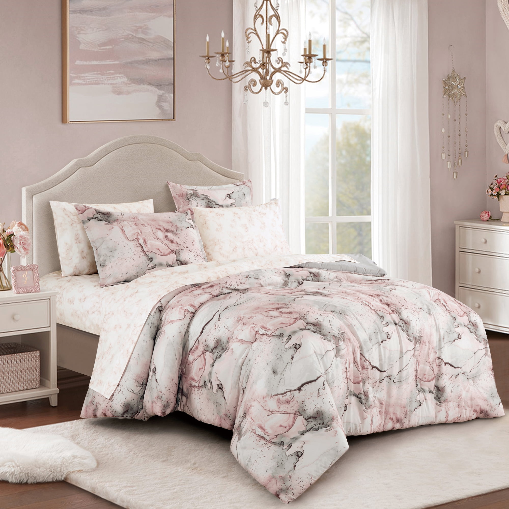 Queen Bed Frame Pink Comforter HIG 7-Piece Floral Embroidered Queen Comforter Set, Blush Pink Bedding ...