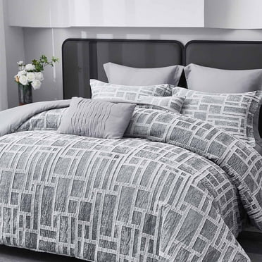 HIG 7-Piece Gray Geometric Chenille Jacquard Comforter Set, Leaf Bed in a Bag Bedding Set, Queen Size