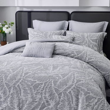 HIG 7-Piece Gray Leaf Chenille Jacquard Comforter Set, Leaf Bed in a Bag Bedding Set, King Size