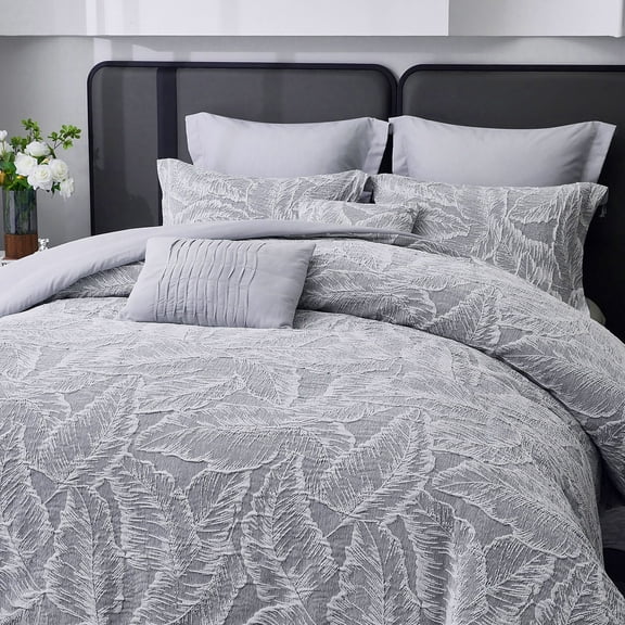 HIG 7-Piece Gray Leaf Chenille Jacquard Comforter Set, Leaf Bed in a Bag Bedding Set, Queen Size