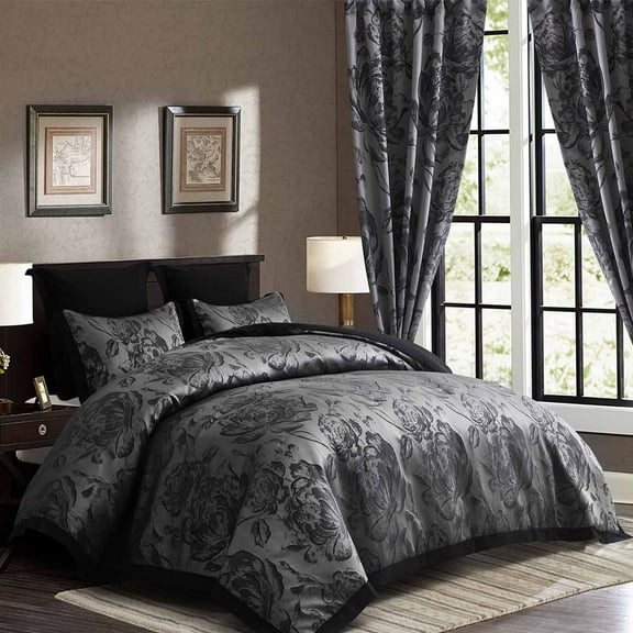 7-Piece King Comforter & Curtain Set, Gray Floral Patchwork