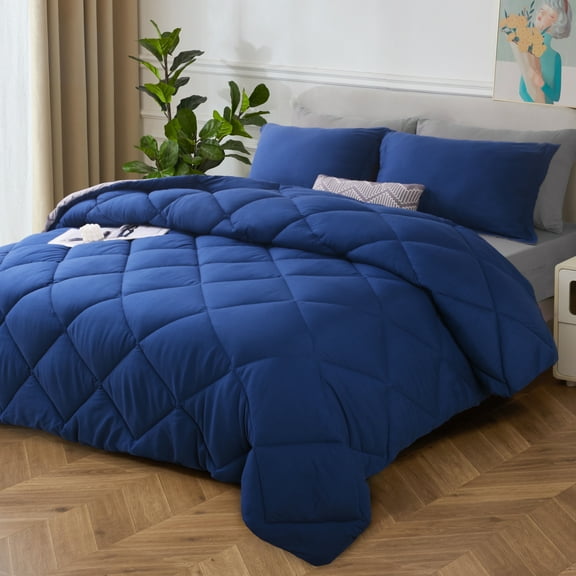 HIG 7 Piece Reversible Full Comforter Set - Navy Quilted Down Alternative Bedding All Season Super Soft Microfiber Bed in a Bag Includes Sheets Pillowcases Shams