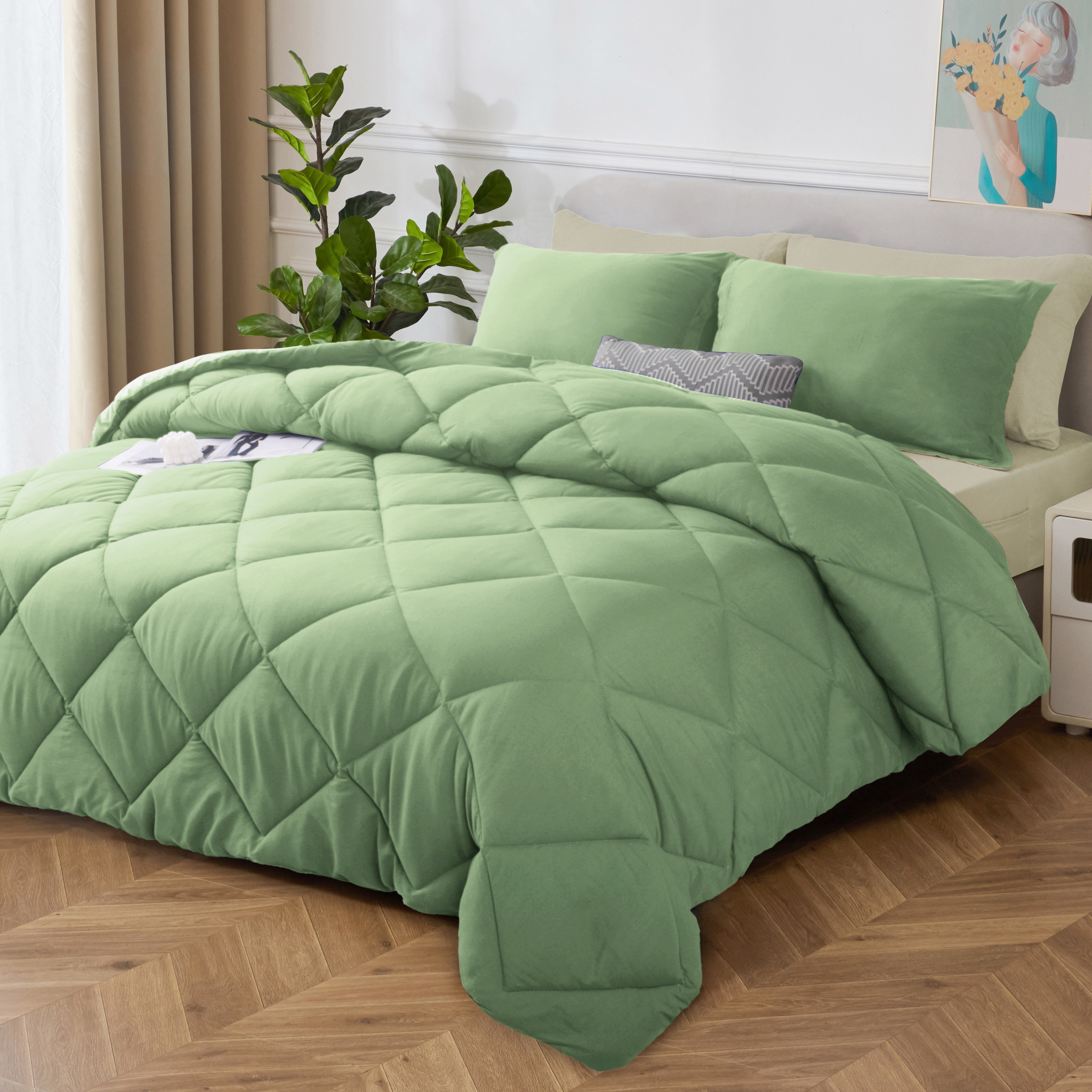 HIG 7 Piece Reversible Full Comforter Set - Sage Quilted Down Alternative Bedding All Season Super Soft Microfiber Bed in a Bag Includes Sheets Pillowcases Shams