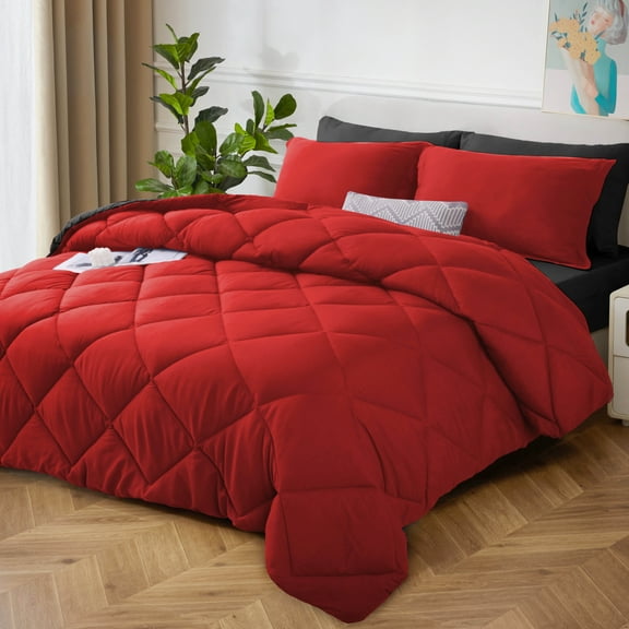 HIG 7 Piece Reversible Queen Comforter Set - Red Quilted Down Alternative Bedding All Season Super Soft Microfiber Bed in a Bag Includes Sheets Pillowcases Shams