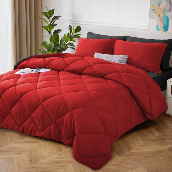 HIG 7 Piece Queen Comforter Set, Red Reversible Quilted Down Alternative Bedding Set with Sheets, Pillowcases & Shams