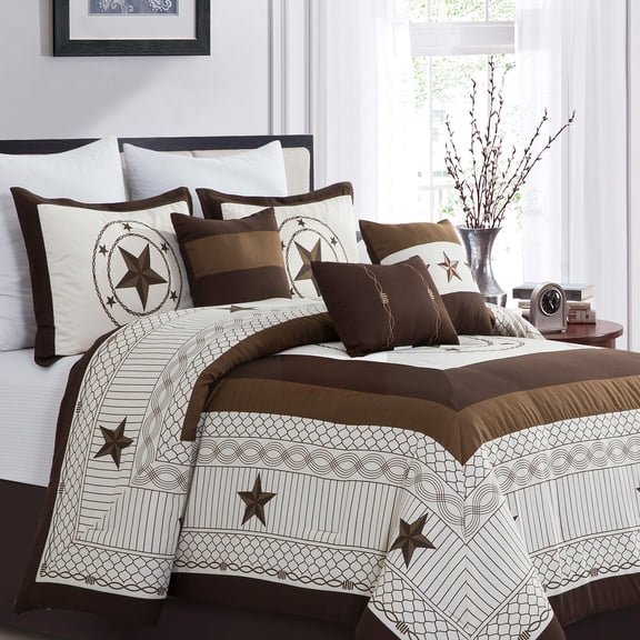 HIG 7 Pieces Beige Geometric Printed Comforter Set Color Block Patchwork Bed in A Bag, King