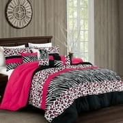 HIG 7 Pieces Leopard Print Comforter Set Color Block Patchwork Bed in A Bag, Pink and Black, Queen