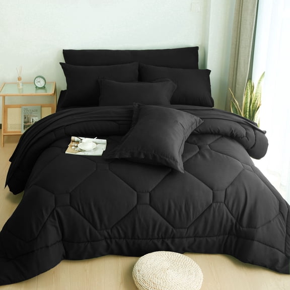 HIG Full Comforter Set, 8 Piece Black Bed in a Bag with Flat Sheet, Fitted Sheet, Pillowcases & Shams