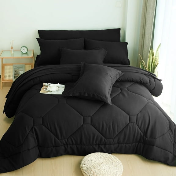 HIG 8 PCS Modern Comforter Set with Sheets All Season Bed in a Bag, Black, King Size