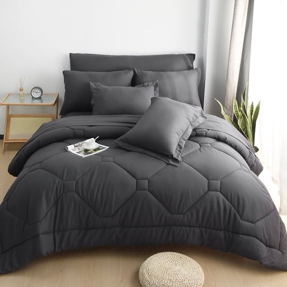HIG 8 PCS Modern Comforter Set All Season Bed in a Bag, Dark Gray, Full Size