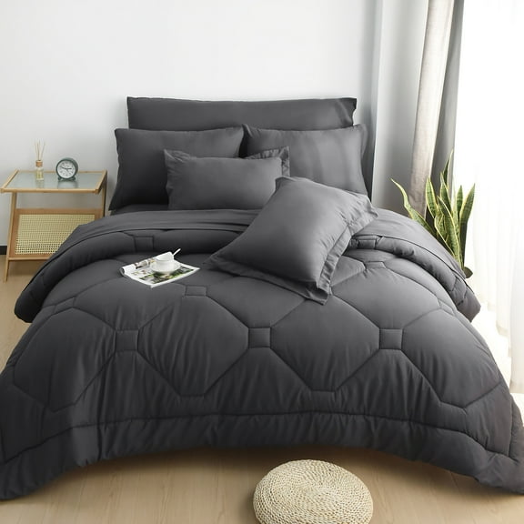 HIG 8 PCS Modern Comforter Set with Sheets All Season Bed in a Bag, Dark Gray, Queen Size