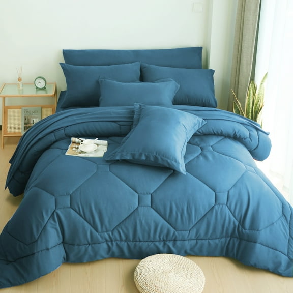 HIG 8 PCS Modern Comforter Set with Sheets All Season Bed in a Bag, Dusty Blue, King Size