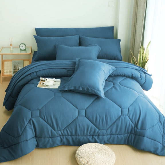 HIG King Comforter Set, 8 Piece Dusty Blue Bed in a Bag with Flat Sheet, Fitted Sheet, Pillowcases & Shams