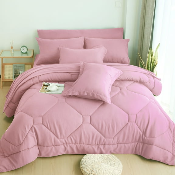 HIG 8 PCS Modern Comforter Set with Sheets All Season Bed in a Bag, Dusty Pink, King Size