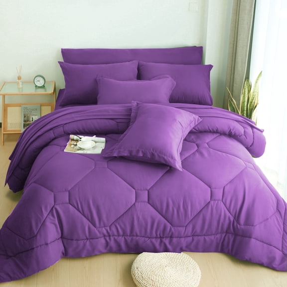 HIG Queen Comforter Set, 8 Piece Purple Bed in a Bag with Flat Sheet, Fitted Sheet, Pillowcases & Shams