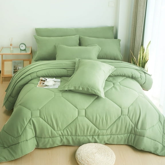 HIG 8 PCS Modern Comforter Set with Sheets All Season Bed in a Bag, Sage, King Size