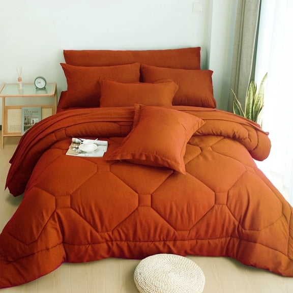 HIG Queen Comforter Set, 8 Piece Terracotta Bed in a Bag with Flat Sheet, Fitted Sheet, Pillowcases & Shams