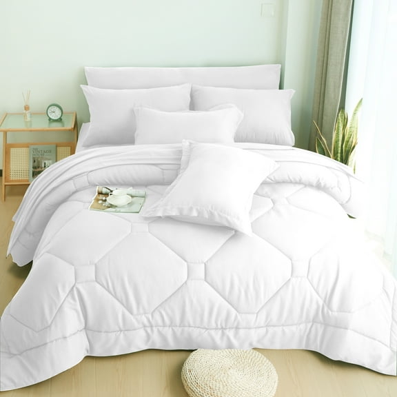 HIG 8 PCS Modern Comforter Set with Sheets All Season Bed in a Bag, White, Queen Size